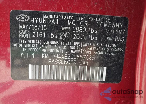 2016 Hyundai Elantra Se z USA, uszkodzony, nr VIN KMHDH4AE2GU557535